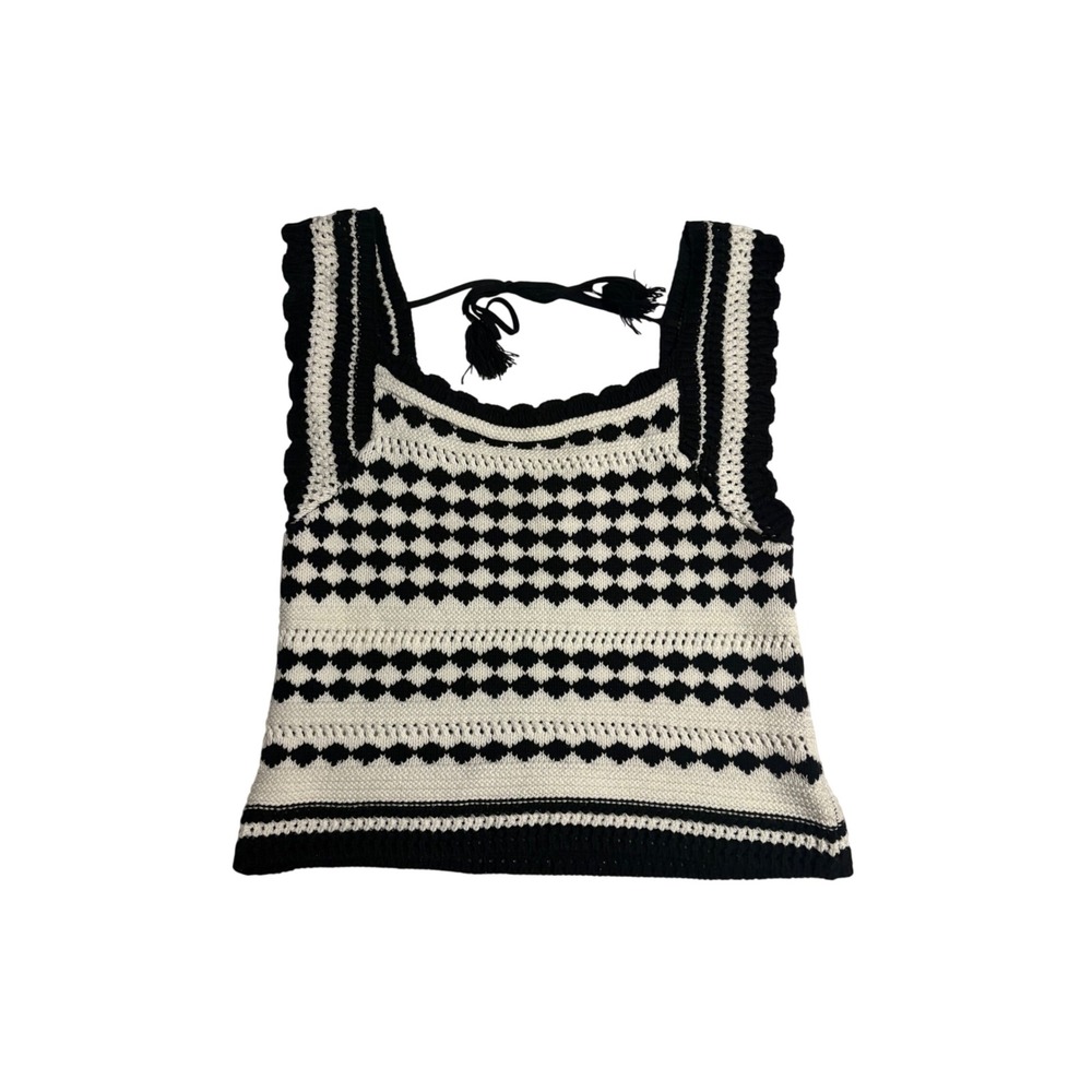 Womens Black White Crochet Knit Diamond Pattern Tank Top Back Tie Small Summer